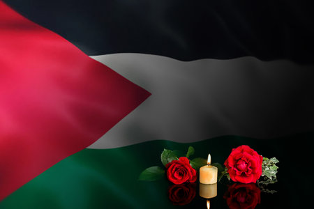 Composite image of Palestine flag with candles and roses against black backgroundの写真素材