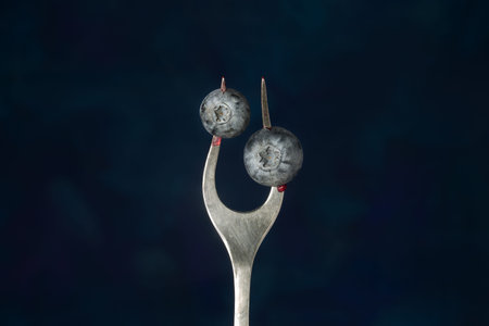 Blueberries on a metal fork on a dark blue background, close-upの写真素材