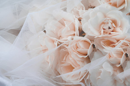 Wedding bouquet of pink roses on a white background.の写真素材