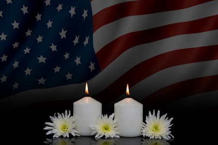 Candles with American flag on black background. 3D rendering.の写真素材