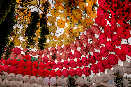 Colorful umbrellas hanging from the ceiling of a temple.の写真素材