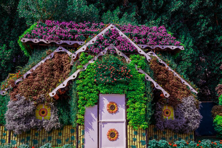 Decoration of the entrance to the garden. Colorful flowers.の写真素材