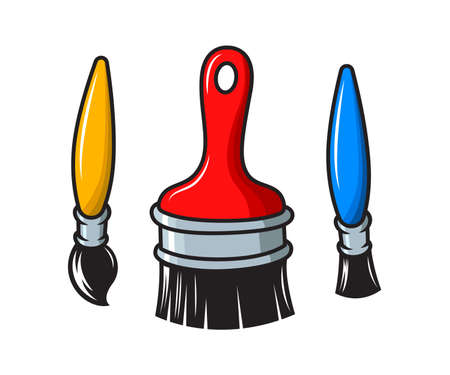 Set of paint brush cartoon vector illustration with yellow, red and blue handle color. Isolated on white background.のイラスト素材