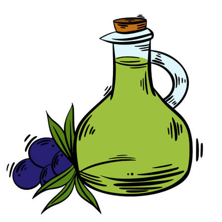Vector decorative sketch of bottle olive oil with tree branch black olives. Illustration on isolated white background. Hand drawn natural design element. Olive oil icon.のイラスト素材