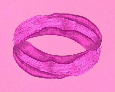 Creative idea pink cosmetic lips of the smears on fashion pastel background. Trendy minimal pop art...