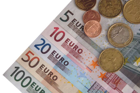 Euro currency - notes/bills and coins - isolated on whiteの写真素材