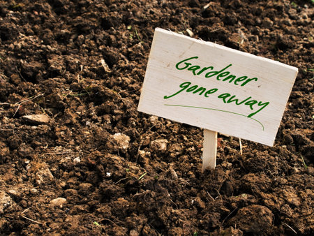 Rocky soil gardening problem with sign - abandoned allotment, garden bedの写真素材
