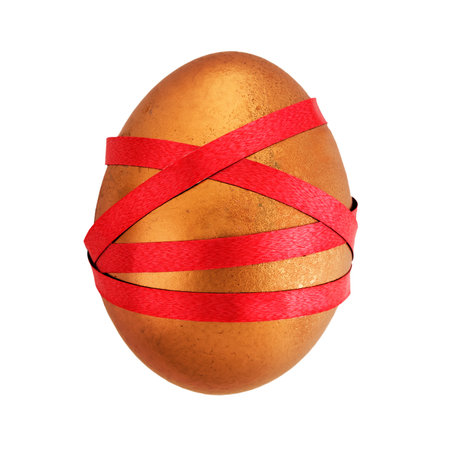Gold nest egg wrapped up in red tape - investment metaphorの写真素材