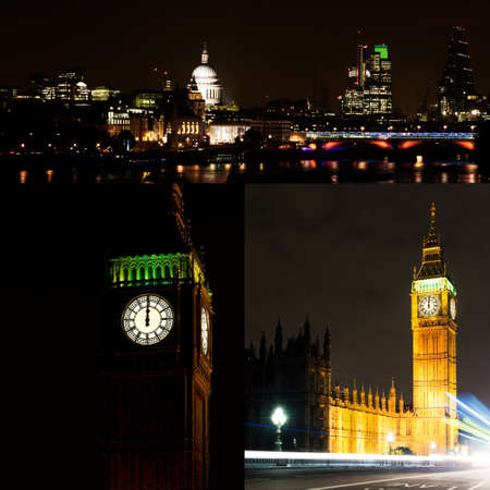 London by night collage. City, Saint Pauls and River Thames. Big Ben midnight - ideal New Year.の写真素材