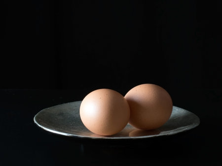 Two brown eggs on plate, darkの写真素材