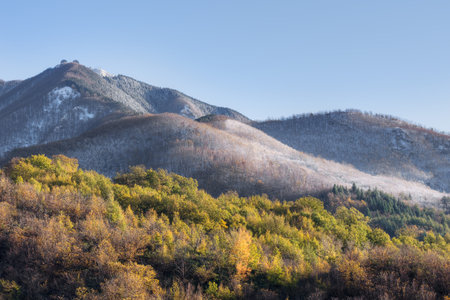 First snow. on Apennines. Lunigiana landscape. November 2015.