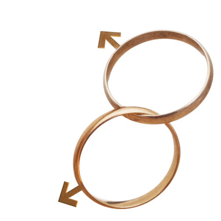 Same sex marriage, men, concept. Two wedding rings isolated on white.の写真素材