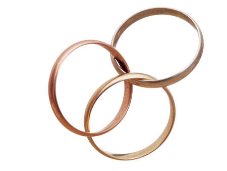 Three interlocking wedding rings. Modern marriage Bigamyの写真素材