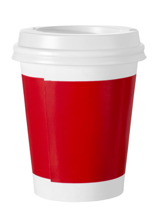 Isolated on white. Red paper cup, for takeaway coffee etc.の写真素材