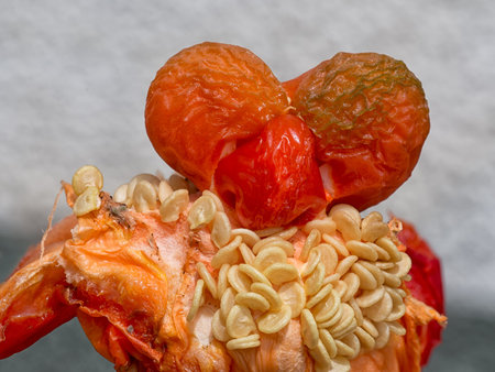 Weird vegetable - growing insider red pepper. Closeup with seeds.の写真素材