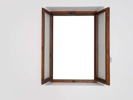 Window frame, open, and white wall. White space inside.の写真素材