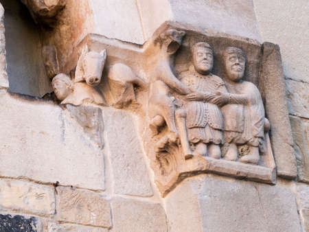 Stone carving outside church, Fornovo di Taro, Italy.の写真素材