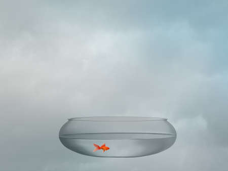 Floating goldfish bowl. Surreal image with copy space.の写真素材