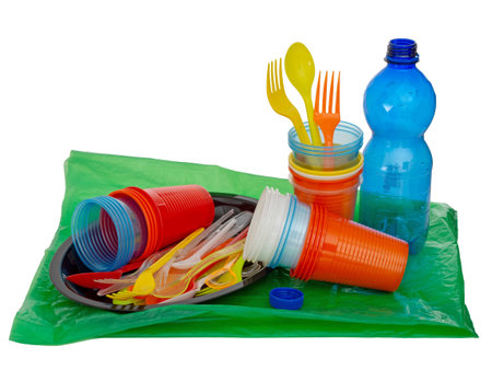 Single use, disposable plastic including cutlery, evironmental problem, EU directive. Isolated on...