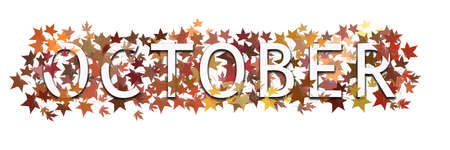October month text, word wrapped in and layered with autumnal leaves. Isolated on white background.の写真素材