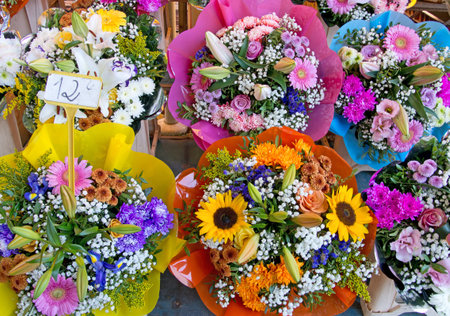 Flower market, bouquets costing 12euros. Beautiful. Overhead view.の写真素材
