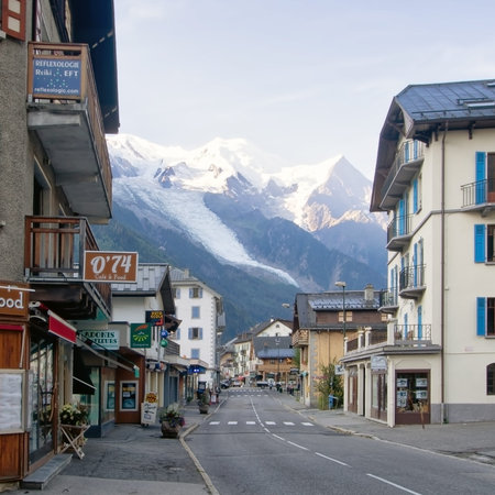 CHAMONIX MONT BLANC, FRANCE - AUGUST 20, 2018: Early morning calm in one of the main streets of...