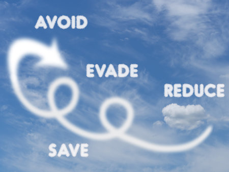 Tax avoidance, evasion, reduction concept, metaphor. Blue sky overseas investment haven money...