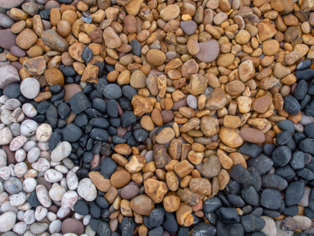 Geology. Sea pebbles on beach, various colors and types of stone. Multicoloured stones - black,...