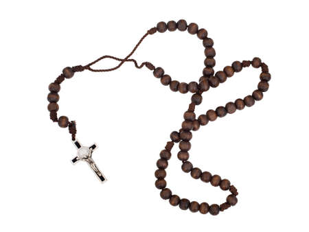 Rosary isolated on white background. Christian cross, crucifix, wooden beads.の写真素材