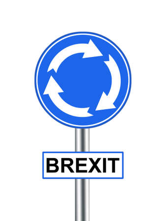 Brexit road sign roundabout. UK EU politics re leave the European Union. Isolated on white.の写真素材