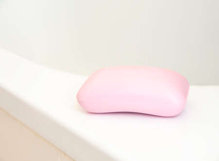 Bar of rose pink luxury soap, in bathroom. Health, hygiene, environmentally friendly.の写真素材