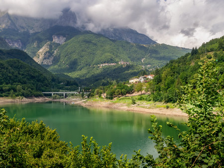 View of Lago ie Lake Vagli in Garfagnana, province of Lucca, Italy. Near Vagli Sotto village. Actually a madmade reservoir for hydroelectric energy.の写真素材