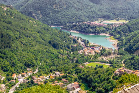 View of Vagli Sotto village and Lake Vagli in Garfagnana, from Campocatino in the province of Lucca. Hidden gem for nature lovers, hikers etc.の写真素材