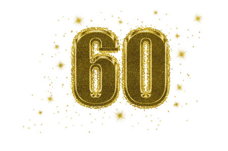 60, sixty number in gold with glitter and golden stars, isolated on white background. Ideal...