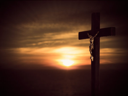 Christian inspirational background. Crucifix, cross over dark night dawn landscape background. Could also be religious Easter.の写真素材