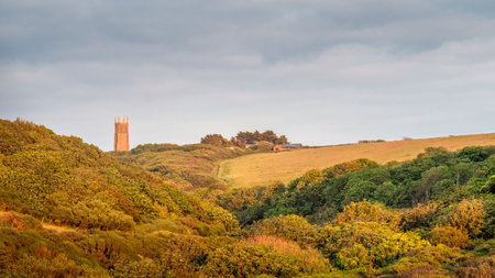 View of the landscape behind Blackpool Beach near Hartland, North Devon. AONB with Stoke village...
