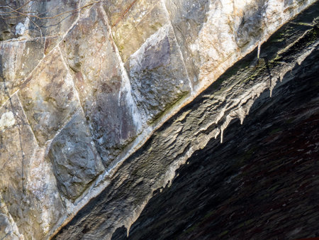 Stalactites forming on old railway tunnel, near Bideford, Devon UK.の写真素材