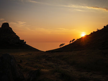 Sunset at the Valley of Rocks in North Devon, England.の写真素材