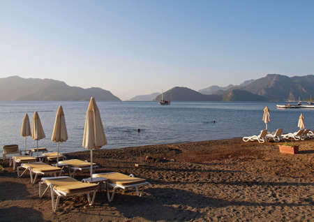Empty beach in the early morning in Turkeyの写真素材