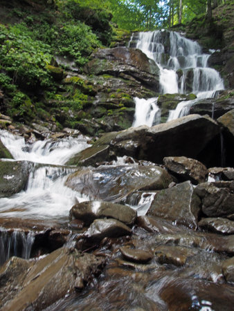Falls Shipot, popular among tourists, on a ridge slope Borzhava, the Carpathians, Ukraine