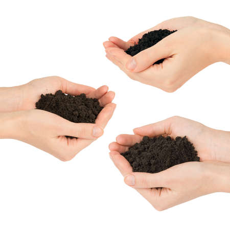 Set of human hands holding ground isolated on white backgroundの写真素材