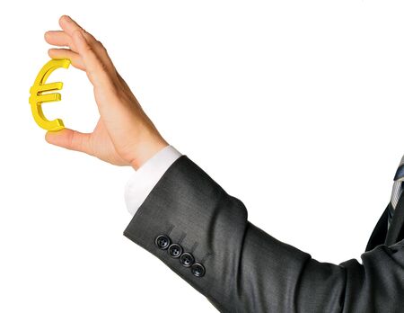 Set of businessmans hands holding euro sign isolated on white backgroundの写真素材