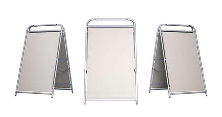 Three small blank stands isolated on white background. 3D renderingの写真素材