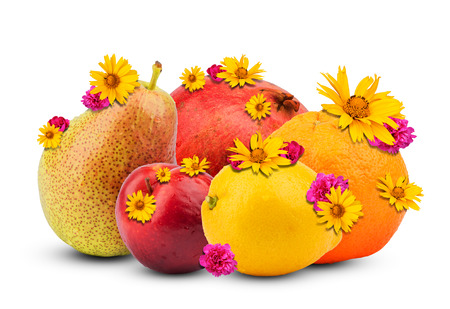 Fruits with flowers isolated on white backgroundの写真素材