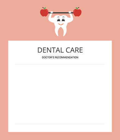Healthy white tooth holding a barbell with a red apple.The Notepad sheet. The advice of a doctor. With a doctor's prescription. Modern flat design.のイラスト素材