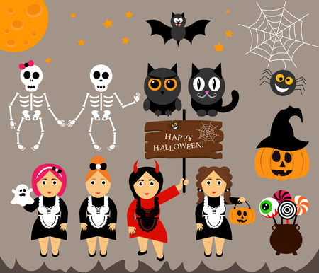 Vector set characters for Halloween in cartoon modern style. Pumpkin, ghost, candy, cauldron, cat, owl, moon, bat and other traditional elements of Halloween. Girl in costumes for Halloween.のイラスト素材