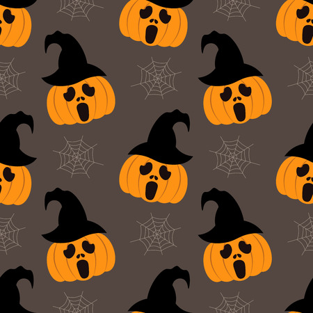 Seamless background for Halloween with pumpkins in hat and cobweb. Vector illustration in modern flat design.のイラスト素材