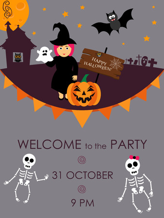Halloween party invitation.Vector illustration.Place for your text message.Halloween menu design.Poster.Flat modern design with vector witch bat moon cemetery skeleton character.Girl in witch costumeのイラスト素材