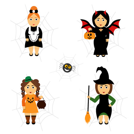 Girls in holiday costumes.Vector set of Halloween in cartoon style.のイラスト素材