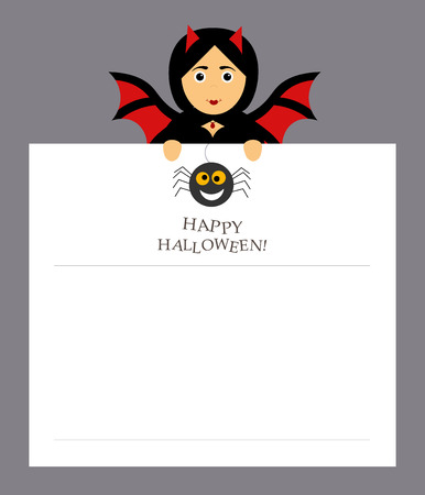 The girl bat vampire is holding a notepad sheet for the entries. Modern flat design. Spider, inscription happy Halloween.のイラスト素材